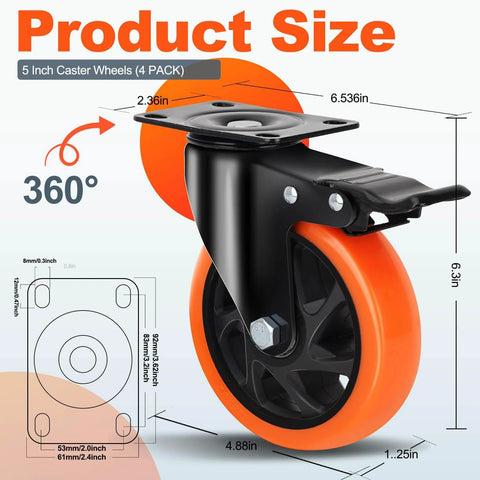 5 Inch Heavy Duty Caster Wheels Set of 4, Silent Swivel Casters with Brakes, dimensions and design details shown