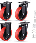 5 Inch Heavy Duty Caster Wheels Set of 4 with accessories, 2 swivel and 2 fixed, premium rubber industrial casters with reinforced steel housing.
