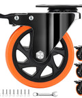 5 Inch Heavy Duty Caster Wheels Set of 4, Silent Swivel Casters with Brakes, Industrial Load Rated 2600 lbs Total, orange and black wheels