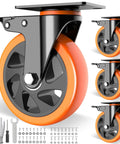 4-pack 5 inch heavy duty caster wheels set of 4 rated 2400 lb total with locking swivel plate brakes stainless steel frame, polyurethane wheels, hardware included.