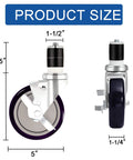 5 Inch Expandable Workbench Caster Wheels Set of 4 with 2 Side Brake Casters, product size illustration with dimensions shown.