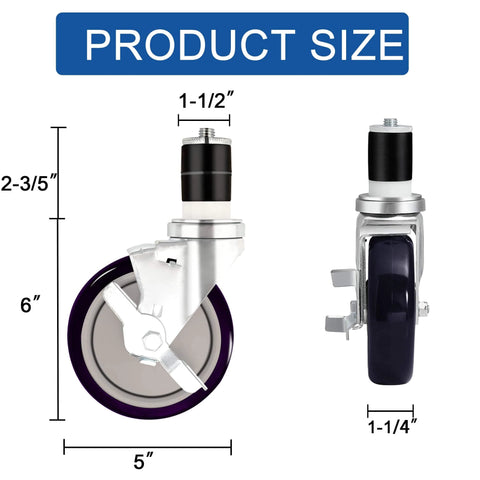 5 Inch Expandable Workbench Caster Wheels Set of 4 with 2 Side Brake Casters, product size illustration with dimensions shown.