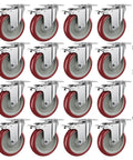 5 inch heavy duty casters with brakes set of 16, double ball bearing non marking plate mount casters in a 16 pack layout.