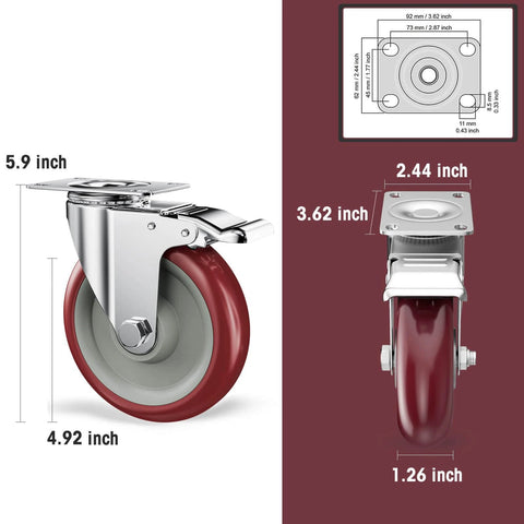 5 inch heavy duty casters with brake in a 20 pack, non marking swivel plate casters designed for carts and workbenches