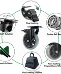 Diagram showing features of the 5 Inch Heavy Duty Caster Wheels Set Of 4 With Brakes, Silent Swivel Top Plate, Grey Polyurethane Casters.