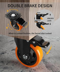 Close-up of 5 Inch Heavy Duty Swivel Caster Wheels Set of 4 with locking brakes showing double brake design for secure locking.