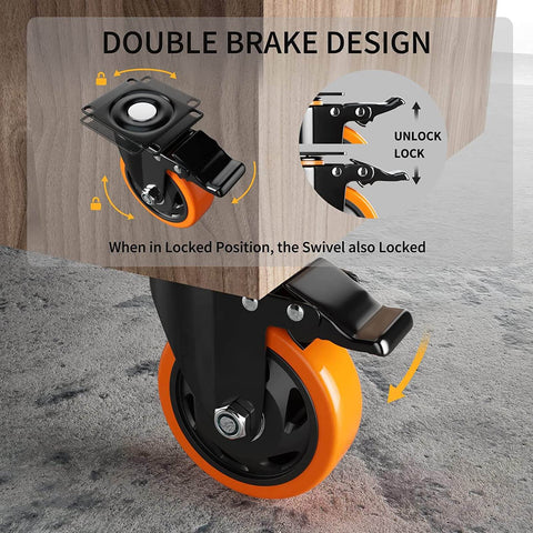 Close-up of 5 Inch Heavy Duty Swivel Caster Wheels Set of 4 with locking brakes showing double brake design for secure locking.