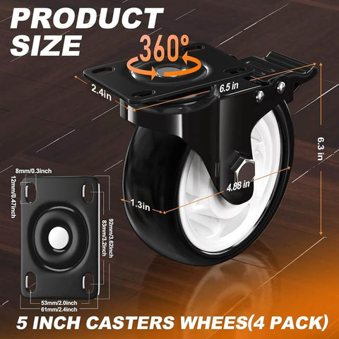 Diagram of 5 inch heavy duty caster wheels set of 4 rated 2600 lb total with 360 swivel & foot brakes, dimensions highlighted.