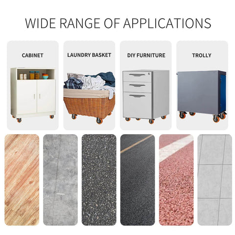 Wide range of applications for 5 Inch Heavy Duty Swivel Caster Wheels Set of 4 with locking brakes on various surfaces.