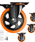 5 Inch Heavy Duty Swivel Caster Wheels Set of 4 with locking brakes, showcasing non marking polyurethane wheels and industrial top plate.