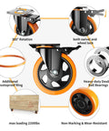 Close-up of 5 Inch Heavy Duty Swivel Caster Wheels Set of 4 with locking brakes, showing features like heavy-duty bearings and dustproof ring.
