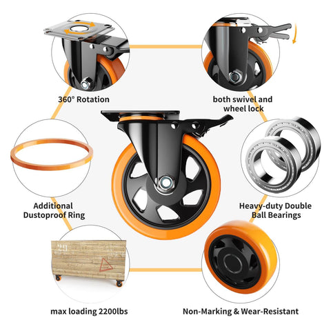 Close-up of 5 Inch Heavy Duty Swivel Caster Wheels Set of 4 with locking brakes, showing features like heavy-duty bearings and dustproof ring.