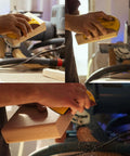 Person using 5 Inch Hook And Loop Sanding Discs Set 50 Pcs For Wet Dry Polishing on wood with hand block