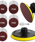 5 Inch Hook And Loop Pad For Angle Grinder With 50 Discs And 5 8 11 Threads including assorted grits and backing pad shown.