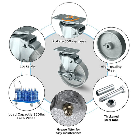 5 Inch Heavy Duty Industrial Cast Iron Swivel Casters Set Of 4, 2000 Lb Capacity With Galvanized Steel Wheels For Cart Workbench And Furniture