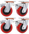 Heavy Duty 5 Inch Caster Wheels Set Of 4 With Polyurethane Surface TPE Casters And Swivel Brake Plate, 4 Brakes