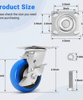 Diagram showing dimensions of 5 inch heavy duty caster wheels set of 4 rated 3500 lb total with smooth rolling design and brakes