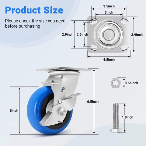 Diagram showing dimensions of 5 inch heavy duty caster wheels set of 4 rated 3500 lb total with smooth rolling design and brakes