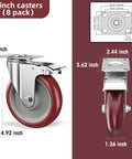 Set of 8 heavy duty 5 inch locking swivel caster wheels with double ball bearing, close-up view showing dimensions and design.