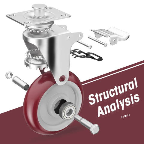 Set of 8 heavy duty 5 inch locking swivel caster wheels with double ball bearing, detailed structural analysis view.