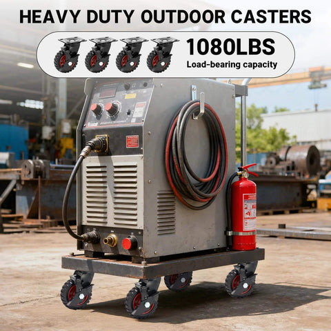 Heavy machinery on 5 Inch Outdoor Heavy Duty Caster Wheels Set of 4 with Brakes, knobby tread, supports 1080 lbs, in industrial setting