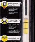 Compact pocket magnetic level with pickup delivers fast, accurate measurements at hand. Packaged front view showing features.