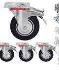 5 Inch Heavy Duty Caster Wheels Set Of 4 With Brakes 360 Degree Swivel Non Marking Polyurethane Rubber Casters For Cart And Workbench Locking Castors, screws and washers visible