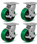 5 Inch Heavy Duty Caster Wheels Set Of 4 With Brakes, Polyurethane On Steel Wheel Surface, Plate Mount Casters