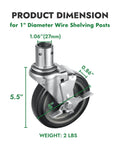 Diagram of five inch universal wire shelving swivel caster with polyurethane wheel and top lock brake for industrial storage.