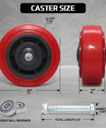 5 Inch Polyurethane Caster Wheels Set of 4 side view showing measurements and features like double ball bearings.
