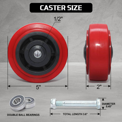 5 Inch Polyurethane Caster Wheels Set of 4 side view showing measurements and features like double ball bearings.
