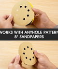 Hands holding 2 Pack 5 Inch Round And Mouse Shaped Foam Hand Sanding Blocks With Hook And Loop, compatible with 5" sandpapers.