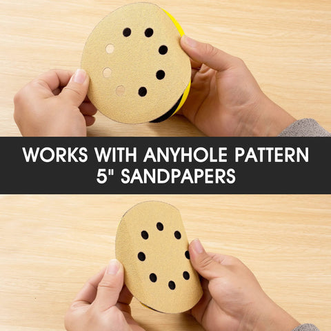 Hands holding 2 Pack 5 Inch Round And Mouse Shaped Foam Hand Sanding Blocks With Hook And Loop, compatible with 5" sandpapers.