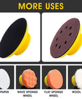 5 Inch Hook and Loop Sanding Blocks Round and Mouse Pads for Wood with various uses displayed, including sandpaper and sponge wheels