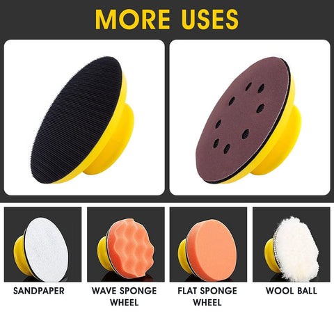 5 Inch Hook and Loop Sanding Blocks Round and Mouse Pads for Wood with various uses displayed, including sandpaper and sponge wheels