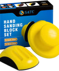 5 Inch Hook and Loop Sanding Blocks Round and Mouse Pads for Wood with ergonomic grip, shown with packaging
