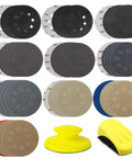 5 Inch Hook And Loop Sanding Discs Set 50 Pcs For Wet Dry Polishing with 10 different grits and two yellow sanding blocks.