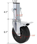 5 Inch Scaffolding Casters Set of 2 With Dual Locking Brakes, stainless steel, rubber wheel, square stem labeled dimensions