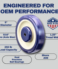 Image of Universal Replacement Shopping Cart Wheel 5 Inch By 1.25 Inch Blue And Tan Crown TPU Tread With Dual 5 16th Precision Bearings 250 Lb Capacity Made In USA Direct OEM Style Replacement For Most Grocery Carts, featuring specifications diagram.