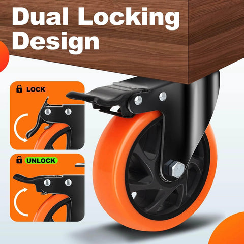 5 Inch Heavy Duty Caster Wheels Set of 4, Silent Swivel Casters with Brakes, dual locking design for furniture workbenches carts