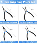 5-Inch Snap Ring Pliers Set showing straight and bent internal and external pliers for 850 Piece C Clip And Snap Ring Assortment Kit In 304 Stainless Steel External Retaining Rings M4 To M28 Plus E Clip Set 1.5mm To 15mm And 4 Piece 5 Inch Snap Ring Pliers Set For Heavy Duty Mechanical Maintenance