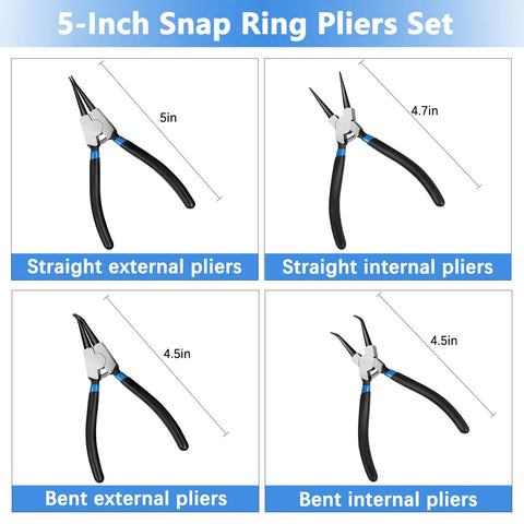 5-Inch Snap Ring Pliers Set showing straight and bent internal and external pliers for 850 Piece C Clip And Snap Ring Assortment Kit In 304 Stainless Steel External Retaining Rings M4 To M28 Plus E Clip Set 1.5mm To 15mm And 4 Piece 5 Inch Snap Ring Pliers Set For Heavy Duty Mechanical Maintenance