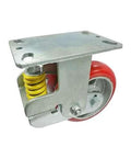 5 inch spring loaded Caster Wheel Fixed PU + Cast Iron for smooth motion in automation systems, showcasing red wheel and yellow spring
