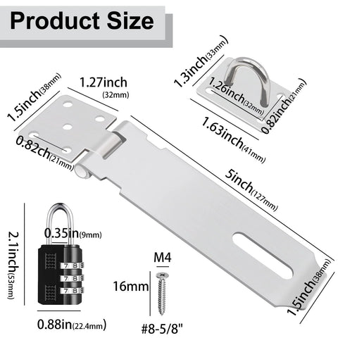 Dimensions of 2 Pack Door Hasp Lock With Combination Lock And Key Lock 5 Inch 304 Stainless Steel, includes lock and screws