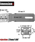 Dimensions of 5 Inch Door Hasp Latch Lock, 304 Stainless Steel, Safety Packlock Clasp, Brushed Steel DL130-BN with measurements in mm and inches