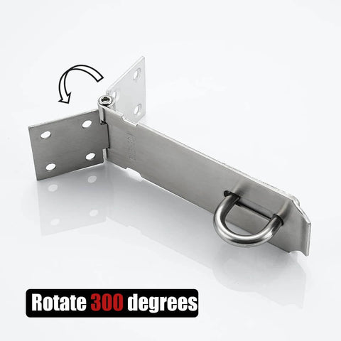 Door Hasp Latch Lock, 5 Inch 304 Stainless Steel Safety Packlock Clasp Thickness 1.9 mm, showing 300-degree rotation capability.