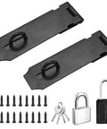 5 Inch 304 Stainless Steel Hasp Latch Set 2 Pack With Padlock And Combination Lock Black Heavy Duty Includes Screws, shown with keys and padlocks