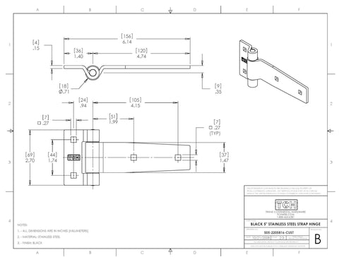 Technical drawing of Heavy Duty 5 Inch Stainless Steel Strap Tee Hinge Black Finish, 2 Pack, dimensions labeled.
