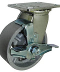Close-up of BBQ Pit 5" Steel Caster Kit with Mounting Hardware, showing swivel caster with brake on 5-inch steel wheel.