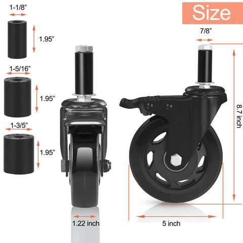 5 Inch Heavy Duty Expanding Stem Casters For Stainless Steel Prep Tables And Carts Fits Tube Legs 7/8 To 1-5/8 Inch With Adjustable Rubber Sleeve Adaptors Set Of 4 Durable Construction For Heavy Daily Use showing size dimensions